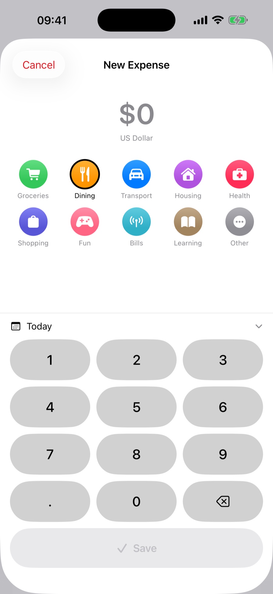New expense screen with the amount display, category grid and large numeric keypad.