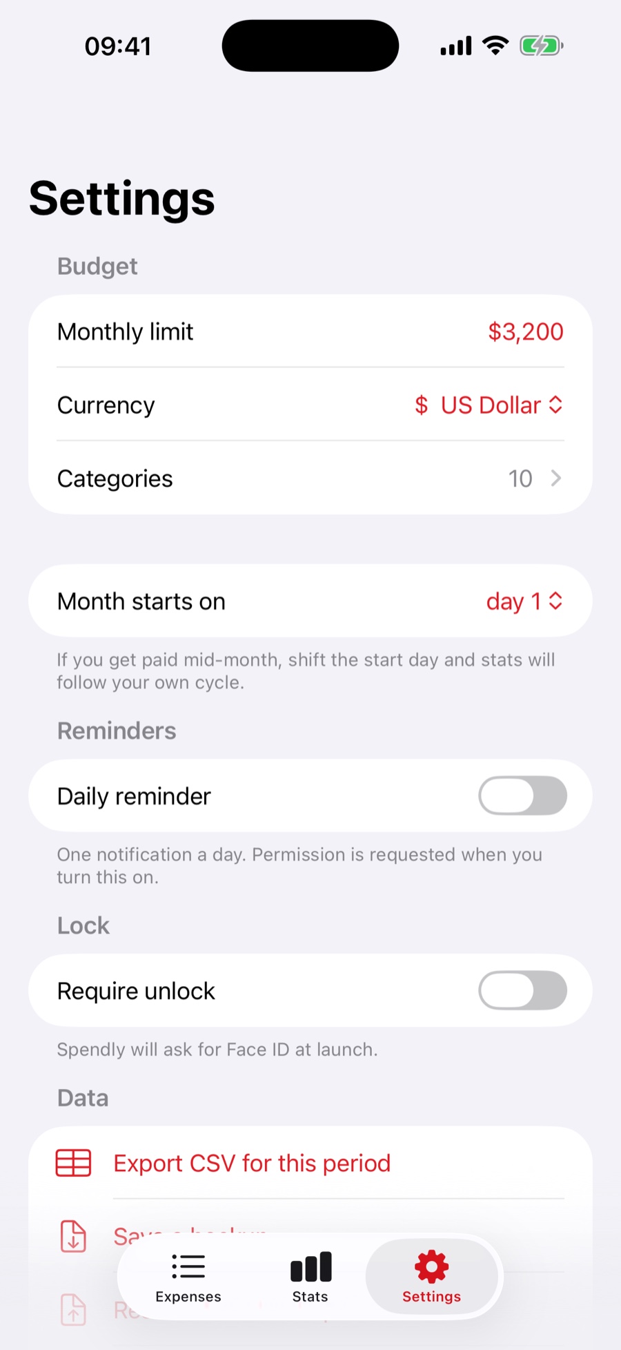Settings screen with budget, currency, categories, reminders, lock and data export.